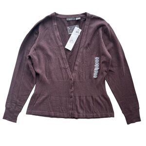 Kersh Essentials Women’s XL Brown Button Front Deep V-neck Knit Sweater Cardigan